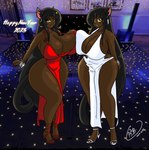 big_breasts breasts clothed clothing dark_body dark_skin duo female footwear high_heels holidays huge_breasts looking_at_viewer piercing shoes thick_thighs krocialblack new_year new_year_2023 krocial_(krocialblack) shamon_(krocialblack) animal_humanoid cat_humanoid domestic_cat felid felid_humanoid feline feline_humanoid felis humanoid mammal mammal_humanoid absurd_res hi_res sibling_(lore) twins_(lore)