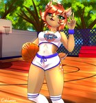 5_fingers anthro ball basketball_(ball) basketball_court basketball_hoop basketball_uniform blue_bottomwear blue_clothing blue_topwear bottomwear breasts clothing collarbone cosplay ear_piercing ear_ring female fingers fur gesture green_eyes hair hand_gesture midriff navel piercing plant ring_piercing solo sportswear tongue topwear tree tune_squad_outfit tune_squad_outfit_(1996) uniform v_sign white_bottomwear white_clothing white_topwear caliluminos space_jam warner_brothers ambii cervine deer mammal absurd_res hi_res