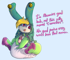 anthro armwear bell brainwashing buckteeth clothed clothing creases diaper elbow_gloves feet femboy feminization folds frilly gloves handwear heart_eyes heart_symbol hoodie hypnosis lace legwear male mind_control nylon pacifier paws soles solo stockings teeth text topwear wearing_diaper wrinkles stormdragonblue odin_sphere vanillaware cornelius_(odin_sphere) pooka 2024 english_text hi_res