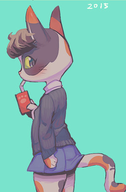 anthro bangs beverage black_body black_fur black_hair blue_background blue_eyes blush bottomwear clothed clothing drinking female fully_clothed fur hair holding_object juice_box kemono long_sleeves looking_back mottled multicolored_body multicolored_fur orange_body orange_fur piebald simple_background skirt solo tail tail_under_skirt topwear whiskers white_body white_fur yellow_sclera sanjiro calico_cat domestic_cat felid feline felis mammal 2015 digital_media_(artwork) portrait shaded three-quarter_portrait