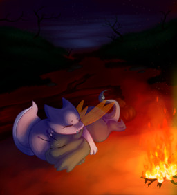 ambiguous_gender antennae_(anatomy) anthro bodily_fluids campfire detailed_background drooling duo fire grass hug log night plant saliva sleeping stinger tree wings wood thiccazthieves phoebe_(bugonplant) sav_(thiccazthieves) kobold kobug scalie absurd_res hi_res