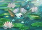 2018 absurd_res ambiguous_gender eeveelution feral flower generation_1_pokemon generation_3_pokemon group hi_res lotad nintendo partially_submerged plant pokemon pokemon_(species) signature swimming tracco_t vaporeon water