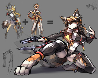 action_pose anthro barefoot breasts butt butt_from_the_front capelet clothing crop_top eyebrows feet female fur fusion green_eyes gun hair handgun heterochromia inner_ear_fluff kneeling midriff multicolored_hair orange_body orange_eyes orange_fur orange_hair panties ponytail pose ranged_weapon revolver shirt solo striped_body striped_fur stripes topwear tuft underwear weapon white_body white_fur white_hair artdeitech arknights hypergryph mihoyo studio_montagne zenless_zone_zero pulchra_fellini waaifu_(arknights) felid mammal pantherine thiren tiger 2025 5:4 hi_res