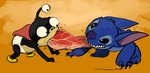 3_eyes black_claws black_eyes blue_body blue_fur blue_nose cape claws clothing duo eating fangs fight food fur head_tuft male meat multi_eye orange_background raw_meat semi-anthro simple_background teeth tuft unknown_artist comedy_central disney futurama lilo_and_stitch nibbler stitch_(lilo_and_stitch) alien experiment_(lilo_and_stitch) nibblonian colored_sketch sketch