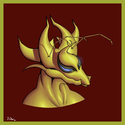 ambiguous_gender antennae_(anatomy) blue_eyes border head_crest looking_away mandibles neck_muscles red_background simple_background smooth_skin solo spikes spikes_(anatomy) yellow_body yellow_border yellow_skin voka earthward_bound arthropod insect kellvass bust_portrait hi_res portrait signature