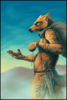 anthro belt casual_nudity cloud dagger desert detailed_background ear_piercing frown male melee_weapon nude outside piercing realistic sack sand scowl sky solo tail tattoo thief tribal weapon kannos canid canine mammal detailed