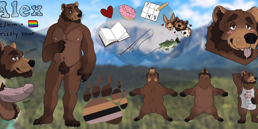 aloha_shirt anthro apron apron_only ball_tuft balls beard blush book bottomless bottomless_anthro bottomless_male brown_body brown_eyes brown_fur clothed clothing dessert doughnut erection eyewear facial_hair fishing_rod food fur genitals glasses hand_behind_head harness humanoid_genitalia humanoid_penis male male_anthro nipples nude nude_anthro nude_male open_mouth pastry pattern_clothing pattern_shirt pattern_topwear penis pink_frosted_sprinkled_doughnut pink_penis pubes shirt slightly_chubby slightly_chubby_anthro slightly_chubby_male solo sprinkles standing sudoku tan_body tan_fur teeth tongue tongue_out topwear tuft wearing_glasses labradorszn aquatic bear brown_bear fish grizzly_bear kangaroo macropod mammal marsupial mustelid otter red_kangaroo sea_otter ursine 2020 hi_res model_sheet