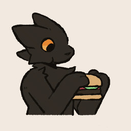 4_fingers ambiguous_gender anthro arm_tuft big_ears big_eyes biped bite black_arms black_body black_ears black_eyes black_fur black_nose bread burger cheek_tuft chewing eating eating_food facial_tuft fingers food fruit fur holding_burger holding_food holding_object meat narrowed_eyes neck_tuft open_mouth orange_sclera pink_tongue plant salad shoulder_tuft simple_background snout solo standing tomato tongue tuft white_background ir0sucks casualties:_unknown canid canine expie_(gunsawian) fox gunsawian hybrid mammal murid murine rat rodent 1:1 2026 animated colored digital_drawing_(artwork) digital_media_(artwork) half-length_portrait loop portrait seamless_loop