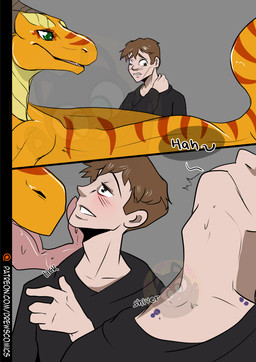 blush bodily_fluids brown_hair clothed clothing duo feral hair licking male mid_transformation nude orange_body saliva saliva_on_tongue species_transformation tongue tongue_out transformation drew. mythology dragon human mammal mythological_creature mythological_scalie scalie