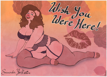 1980s_theme anthro big_breasts breasts clothing colored_nails female hooves lingerie lipstick looking_at_viewer makeup nails overweight overweight_female pose postcard slightly_chubby solo heathermactavish saundra_yorkshire domestic_pig mammal suid suine sus_(pig) hi_res pinup