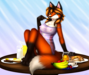 anthro apple banana beverage blueberry_(fruit) bottomless bread breasts clothed clothing dipstick_tail egg female food fruit juice_(beverage) markings meat milk off_shoulder orange_juice pancake plant sausage solo strawberry syrup tail tail_markings toast whitmaverick canid canine fox mammal 2010
