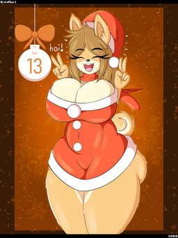 abs anthro big_breasts big_butt biped black_bars bottomless bottomless_anthro bottomless_female breasts brown_hair butt christmas_clothing christmas_headwear cleavage clothed clothing countershade_face countershading eyebrow_through_hair eyebrows eyelashes eyes_closed female fur gesture hair hand_gesture hat headgear headwear holidays huge_breasts open_mouth open_smile santa_hat smile solo tail tan_body tan_fur text thick_thighs translucent translucent_hair v_sign wide_hips aceymari christmas june_(jinu) canid canine canis domestic_dog mammal shiba_inu spitz 2018 3:4 absurd_res artist_name dated digital_drawing_(artwork) digital_media_(artwork) hi_res letterbox portrait three-quarter_portrait