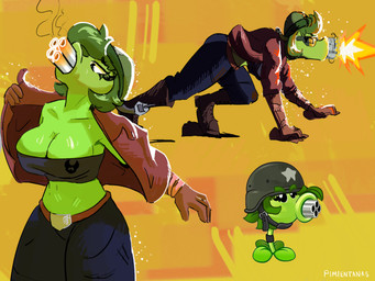 anthro armor big_breasts bodily_fluids breasts clothed clothing crawling female flower green_body hair headgear helmet not_furry plant shooting simple_background solo topwear undressing pimientanas electronic_arts plants_vs._zombies popcap_games elemental_creature elemental_humanoid flora_fauna flower_creature gatling_pea_(pvz) humanoid plant_humanoid digital_media_(artwork) hi_res