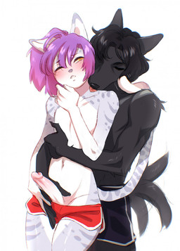 5_fingers anthro black_bottomwear black_clothing black_eyebrows black_hair black_nose black_shorts blush blush_lines bottomwear clothed clothing dipstick_tail dolphin_shorts duo erection eyebrows eyes_closed femboy fingers fur genitals grey_body grey_fur hair hand_on_penis holding_another hug hugging_another hugging_from_behind humanoid_genitalia humanoid_penis kissing_neck licking male male/male markings navel neck_lick one_eye_closed penis ponytail purple_hair red_bottomwear red_clothing red_shorts shorts simple_background standing tail tail_markings tail_motion tailwag tongue topless topless_anthro topless_male white_background white_body white_fur yellow_eyes viskasunya kai_(viskasunya) matt_(viskasunya) canid canine canis domestic_dog felid feline mammal 2021 hi_res
