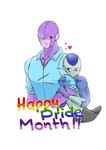 alternative_fashion arm_grab bald blue_body blush clothing duo heart_symbol holding_arm hug hugging_arm lgbt_pride looking_at_another looking_at_partner male male/male pride_colors purple_body red_eyes romantic romantic_couple shirt simple_background size_difference smile text topwear white_background sailorfrix dragon_ball dragon_ball_super lgbt_pride_month frost_(dragon_ball) hit_(dragon_ball) alien frieza_race humanoid absurd_res hi_res