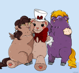 ambiguous_gender amputee bow_tie brown_body brown_eyes brown_fur brown_hair clothing disability duo feral fur hair hat headgear headwear orange_hair plushie purple_body purple_eyes purple_fur simple_background teddy_bear spaghetti_dave fluffy_pony fluffy_pony_(species) mammal hi_res story_at_source