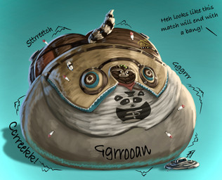 anthro belly big_belly bloated body_inflation bottomwear clothed clothing dart dialogue frown fur green_hair grey_body grey_fur hair huge_belly hyper hyper_belly hyper_inflation immobile inflation jacket male mouth_closed pants raised_tail shirt solo sound_effects tail text topwear wide_eyed ian-exe epic_games fortnite rufus_(fortnite) mammal procyonid raccoon 2024 english_text hi_res