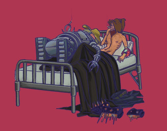 after_sex ambiguous_gender beard bed brain_dome cigarette clothing discarded_clothing duo facial_hair freckles furniture hat headgear headwear lying lying_on_bed machine male male_human metallic_body not_furry on_bed pillow pip-boy red_background simple_background smoking smoking_cigarette sun_hat treads slugginz fallout microsoft gilda_broscoe neo_(slugginz) the_sole_survivor_(fallout) human mammal robobrain_(fallout) robot english_description female_(lore)