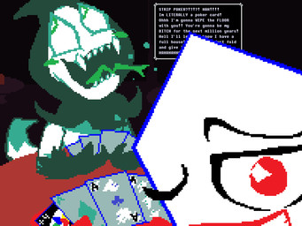 ambiguous_gender arms_on_table blush cheat clothing confident diamonds_(suit) duo fangs feral forked_tongue gambling gloves handwear holding_cards hood looking_at_viewer overconfident poker profanity semi-anthro smile smiling_at_viewer smirk smirking_at_viewer strip_poker suit_symbol teeth text tongue trash_talking uno_card miner_mate_coffee deltarune undertale_(series) uno darkner humanoid pippins_(deltarune) reptile rudinn scalie snake 4:3 english_text hi_res