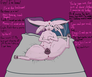 animal_genitalia anus bed big_ears female feral fluffy furniture genitals imminent_sex looking_at_viewer lying on_back on_bed pawpads presenting smile smiling_at_viewer solo tail tail_motion tailwag vulva crane_(artist) nintendo pokemon eeveelution espeon generation_2_pokemon pokemon_(species) 6:5 hi_res