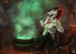 alchemy anthro bottomwear bubble cauldron chain chair clothing female flask furniture magic necktie pants shirt smoke solo surprise tail topwear heni saterina mythology heni_(character) amphibian dragon frog mythological_creature mythological_scalie scalie sergal