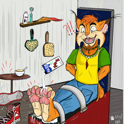 3_toes anthro black_eyebrows blue_bottomwear blue_clothing blue_pants bottomwear brown_ear_tips brush cereal_bowl cheek_tuft clothed clothed_anthro clothed_male clothing container dipstick_ears ear_markings ear_piercing exclamation_point eyebrow_piercing eyebrows facial_piercing facial_tuft feet foot_fetish footwear fur fur_tuft furniture green_clothing green_shirt green_topwear hair hands_behind_back jewelry loose_feather male milk milk_carton milk_container motion_lines multicolored_body multicolored_clothing multicolored_ears multicolored_fur multicolored_shirt multicolored_topwear necklace open_mouth open_smile orange_body orange_fur orange_hair pants pawpads paws piercing pink_nose pink_pawpads pink_tongue question_mark red_clothing red_footwear red_shoes restrained shirt shoes shoes_removed sitting smile solo table tail tan_body tan_fur teeth tickling toes tongue topwear tuft two_tone_clothing two_tone_shirt two_tone_topwear yellow_clothing yellow_shirt yellow_topwear leon_tickles puleva felid feline lynx mammal 1:1 2024