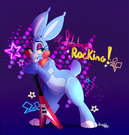 anthro anthrofied blue_body blue_fur bow_tie buckteeth claws electric_guitar eyeshadow female fingers fur green_eyes guitar half-closed_eyes makeup musical_instrument narrowed_eyes plucked_string_instrument small_tail smile solo standing string_instrument tail teeth whiskers white_body white_fur bombstaticz five_nights_at_freddy's five_nights_at_freddy's_2 scottgames toy_bonnie_(fnaf) lagomorph leporid mammal rabbit 2020 hi_res