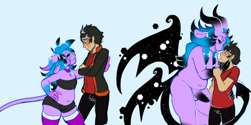 belly belly_overhang black_hair blue_eyes blush clothing clown clown_makeup collar cosmic_wings cupping_chin duo fangs floppy_ears genitals goat_ears gradient_penis hair hand_on_hip horn legwear male male/male multicolored_body multicolored_hair orange_eyes penis purple_body purple_skin slightly_chubby stockings tail teeth teratophilia tongue tongue_out topwear tube_top wings axelspike demon human humanoid mammal
