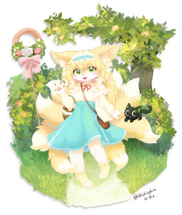 4_fingers 4_toes accessory ambiguous_feral ambiguous_gender anthro anthro_focus anthrofied basket biped black_body black_ears black_fur black_tail blonde_hair blue_bottomwear blue_clothing blue_skirt blush blush_lines bottomwear claws clothed clothed_female clothing container cute_fangs detailed_background dipstick_tail duo eyelashes fangs feet female female_anthro female_focus feral finger_claws fingerpads fingers flower fluffy fluffy_tail footwear front_view fully_clothed fur grass green_eyes hair hair_accessory hairband highlights_(coloring) humanoid_hands inner_ear_fluff kemono larger_anthro larger_female long_hair looking_at_viewer markings monotone_body monotone_fur monotone_tail multi_tail multicolored_body multicolored_fur multicolored_hair multicolored_tail open_mouth open_smile outside path pawpads pink_pawpads plant shirt shrub size_difference skirt smaller_ambiguous smaller_feral smile socks solo_focus standing tail tail_markings teeth toe_claws toeless_footwear toeless_socks toes topwear tree tuft two_tone_body two_tone_fur two_tone_hair two_tone_tail white_body white_claws white_clothing white_fur white_hair white_highlights white_inner_ear_fluff white_shirt white_tail white_tail_tip white_topwear yellow_body yellow_clothing yellow_ears yellow_footwear yellow_fur yellow_inner_ear yellow_socks yellow_tail young young_anthro young_female shiokisylvia arknights hypergryph studio_montagne the_legend_of_luo_xiaohei luo_xiaohei suzuran_(arknights) canid canine domestic_cat felid feline felis fox mammal 2025 absurd_res colored digital_media_(artwork) full-length_portrait hi_res portrait shaded