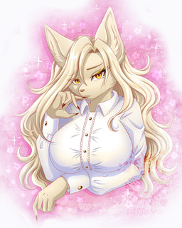 anthro big_breasts big_ears blonde_hair breasts brown_nose cheek_tuft clothed clothing colored_nails ears_up eye_through_hair eyebrows eyelashes facial_tuft female fluffy_ears fur hair hand_on_mouth hands_on_lips long_hair looking_at_viewer looking_straight nails office_clothing office_lady orange_eyes pink_background pivoted_ears red_nails simple_background solo sparkles tan_body tan_fur text topwear translucent translucent_hair tuft wavy_hair tasseya abby_(tasseya) fan_character canid canine canis domestic_dog mammal 2026 4:5 absurd_res digital_drawing_(artwork) digital_media_(artwork) english_text hi_res signature url watermark