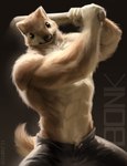 abs angry anthro baseball fluffy larger_male male muscular muscular_male shirtless size_difference solo tail geewolf bonk_(meme) canid canine canis domestic_dog mammal shiba_inu spitz 2023 digital_media_(artwork) signature