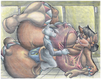 anthro bathroom big_breasts black_hair boots border bottomwear breasts clothing duo eyes_closed female footwear fur gloves hair handwear huge_breasts jacket larger_female male nipple_outline pants public_restroom shirt shoes size_difference smaller_male striped_body striped_fur stripes text thick_thighs tongue tongue_out topwear white_border virus-20 june_coyote torrent_(alleyway) canid canine canis coyote equid equine mammal zebra 2014 artist_name digital_media_(artwork)