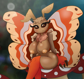 anthro big_breasts blush breasts clothing female fungus legwear mushroom nipples non-mammal_breasts sitting solo thigh_highs cucarachaaa arthropod insect lepidopteran moth hi_res