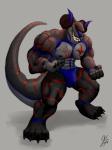 abs anthro biceps claws clothing fangs fist horn jockstrap long_tail male muscular muscular_anthro muscular_male nipples pecs scar solo standing stripes tail teeth underwear gyfu leon_hatarie canid canine canis demon dinosaur equid equine horse mammal prehistoric_species reptile scalie theropod tyrannosaurid tyrannosauroid tyrannosaurus tyrannosaurus_rex wolf 3:4 hi_res