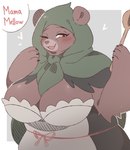 anthro biped blush breasts brown_body cleavage clothed clothing female front_view heart_symbol holding_object one_eye_closed open_mouth orange_eyes simple_background smile solo text anotherbearsimp mama_mellow_(anotherbearsimp) bear mammal ursine english_text hi_res