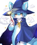 4_fingers :< anthro big_hat biped black_nose blue_body blue_cape blue_clothing blue_ears blue_fur blue_hair blue_tail blush bottomless bottomless_anthro bottomless_male bow_(feature) cape cheek_tuft circle_eyebrows claws clothed clothing clothing_bow cloud cosmic_clothing countershade_fur countershade_legs countershade_torso countershading eyebrows facial_tuft finger_claws fingers fluffy front_view fur furgonomic_headwear furgonomics glistening glistening_pawpads glowing hair hat headgear headwear holding_wand humanoid_hands kemono looking_at_viewer magic magic_user magic_wand male monotone_hair monotone_tail multicolored_body multicolored_fur pawpads pink_pawpads pupils short_hair simple_background solo standing star_polygon tail tuft two_tone_body two_tone_fur white_background white_body white_claws white_countershading white_fur white_inner_ear white_pupils wizard_hat yellow_bow yellow_eyes young young_anthro young_male kopeni_ko canid canine canis mammal wolf 2023 artist_name colored digital_media_(artwork) hi_res portrait shaded three-quarter_portrait unavailable_at_source