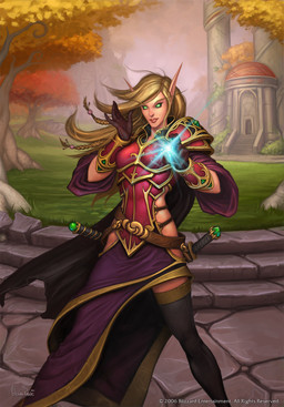 armor blonde_hair braided_hair breasts building cape clothing detailed_background female front_view gloves glowing glowing_eyes hair handwear humanoid_pointy_ears legwear long_hair magic not_furry outside plant pointy_ears red_armor scabbard smile solo standing stockings tree glenn_rane blizzard_entertainment warcraft blood_elf elf humanoid 2006 hi_res official_art