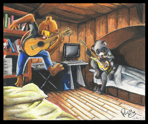 acoustic_guitar anthro bass_guitar black_clothing black_shirt black_t-shirt black_topwear blue_bottomwear blue_clothing blue_pants book bookshelf bottomwear brown_body brown_fur clothed clothing computer computer_keyboard duo electronics eyes_closed facial_markings fur furniture gloves_(marking) grey_body grey_fur guitar head_markings inside jumping keyboard_instrument leg_markings logo male male_anthro markings mask_(marking) musical_instrument musical_keyboard open_mouth pants playing_guitar playing_music plucked_string_instrument plushie shirt sitting socks_(marking) string_instrument striped_markings striped_tail stripes t-shirt tail tail_markings tongue tongue_out topwear young young_anthro young_male pandapaco art_(pandapaco) julio_(pandapaco) bear brown_bear grizzly_bear mammal procyonid raccoon ursine artist_logo signature