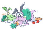 anthro blush broccoli bunny_costume cabbage carrot clothed clothing costume crossdressing eating eating_food eyelashes eyeshadow facial_hair fake_ears fake_rabbit_ears femboy food fruit green_shell lying makeup male mature_anthro mature_male plant purple_body shell simple_background solo tomato vegetable white_background kouhakugohan kirby:_right_back_at_ya! kirby_(series) nintendo escargoon gastropod mollusk snail low_res signature