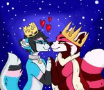 anthro black_body black_fur black_hair black_nose blue_body blue_eyes blue_fur blush blush_lines boop collar collar_tag crown duo fur hair hand_holding headgear heart_symbol kissing male male/male maroon_fur pink_body pink_fur romantic romantic_couple sky snow star starry_sky white_body white_fur yellow_eyes arulouprouge jaster_blade ailurid canid canine canis fox mammal red_panda absurd_res hi_res