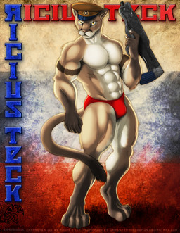 abs anthro biceps clothed clothing male military_hat muscular muscular_male pecs pose russian solo soviet_union speedo speedo_only swimwear tail topless weapon vannister-nicodemus ricius_teck cougar felid feline mammal absurd_res hi_res