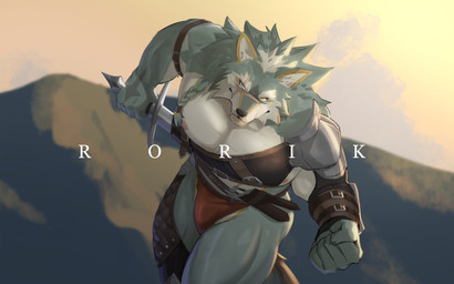anthro armguards armor black_nose bottomwear braided_hair bulge claws clothing facial_scar fangs fantasy finger_claws fur green_body green_fur hair heterochromia loincloth looking_at_viewer male melee_weapon multicolored_body multicolored_fur muscular muscular_anthro muscular_male nipples outside pecs scar solo sword teeth two_tone_body two_tone_fur warrior weapon white_body white_fur oz_l4n rorik_(rossciaco) canid canine canis mammal wolf hi_res