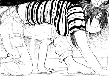 accessory anthro barefoot big_breasts biped blush bodily_fluids bottomwear breasts claws clothed clothed_female clothing crawling denim denim_bottomwear denim_clothing feet female hair hair_accessory hair_tie jeans looking_down pants pattern_clothing pattern_shirt pattern_topwear shirt striped_clothing striped_shirt striped_topwear stripes sweat sweatdrop topwear decafbat cath_(decafbat) bat mammal 2025 hatching_(art) hi_res monochrome pen_(artwork) shaded traditional_media_(artwork)