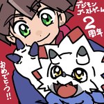 anthro brown_hair claws duo green_eyes hair horn kerchief male text white_body yellow_eyes zgmf_x20a_sf bandai_namco digimon digimon_ghost_game hiro_amanokawa digimon_(species) gammamon human mammal 1:1 hi_res japanese_text