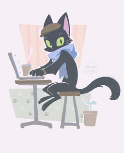 anthro biped black_body black_fur clothing computer electronics fur furniture green_eyes hat headgear headwear laptop male plant scarf sitting solo stool tail whiskers puinkey_(artist) domestic_cat felid feline felis mammal hi_res