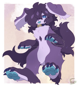 ambiguous_gender anthro black_claws blue_eyes blue_pawpads blue_tongue claws collar finger_claws fluffy fluffy_chest fur hair logo pawpads purple_body purple_fur purple_hair simple_background solo tail text toe_claws tongue tongue_out mochiri canid canine canis domestic_dog mammal 2026 absurd_res artist_logo artist_name cel_shading digital_drawing_(artwork) digital_media_(artwork) hi_res shaded