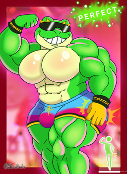abs anthro biceps big_muscles big_pecs bottomwear butt_slap clothing eyewear flexing flexing_bicep glistening glistening_body green_body huge_muscles huge_pecs huge_thighs male muscular pecs red_background shorts simple_background slap smile solo sunglasses text thick_thighs ch4mm0zotz just_dance just_dance_2026_edition ubisoft chuck_ribbit_(just_dance) amphibian frog absurd_res hi_res