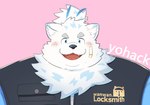 anthro bandage blue_clothing blue_eyes blush clothing fur locksmith male solo topknot topwear vest white_body white_fur kamakitoron kumatoron lifewonders live_a_hero yohack canid canine canis domestic_dog mammal nordic_sled_dog samoyed spitz bust_portrait portrait