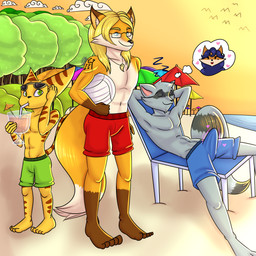 anthro beach bulge clothed clothing detailed_bulge dipstick_tail dream erection erection_under_clothing genital_outline gloves_(marking) group leg_markings male markings penis_outline seaside sleeping socks_(marking) sunset tail tail_markings tenting topless wet_dream damian5320 ratchet_and_clank sly_cooper_(series) sony_corporation sony_interactive_entertainment sucker_punch_productions carmelita_fox jcfox ratchet_(ratchet_and_clank) sly_cooper canid canine fox lombax mammal procyonid raccoon 1:1 absurd_res hi_res