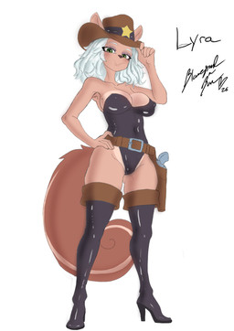 anthro boots breasts brown_body brown_fur clothed clothing cowboy_hat female footwear fur gun gun_holster hair hat headgear headwear high_heeled_boots high_heels leotard looking_at_viewer nipple_outline ranged_weapon shoes simple_background smile solo standing tail weapon blazeymix mammal rodent sciurid tree_squirrel absurd_res digital_media_(artwork) hi_res